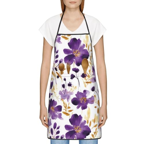 Purple and Gold Watercolor Floral Apron