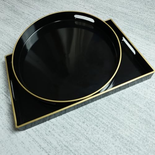 Black Decorative Serving Tray with Handles (Black)