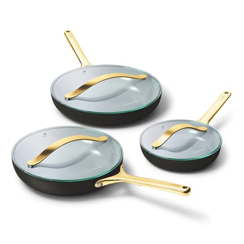Carway Fry Pan Trio with Glass Lids (1x 8 IN, 1x 10 IN, & 1x 12 IN / Black)