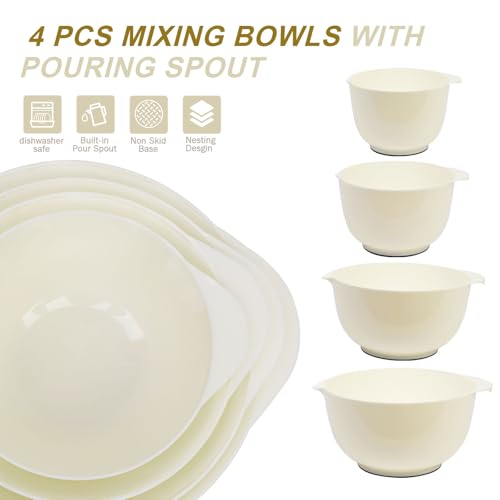 4.5 Quart Large Plastic Mixing Bowls set with Pour Spout (Beige)