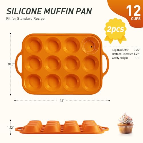 2 Packs 12 Cups Silicone Muffin Pan with Metal Reinforced Frame Regular Size Cupcake Pan Tray Egg Bites Silicone Cookie Molds Muffin Tin Tart Pans Baking Set for Easter Christmas holiday Cookie (Regular / Orange)