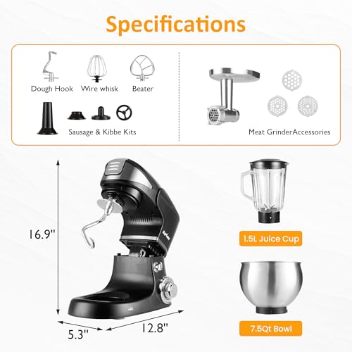6-in-1 Multifunctional Stand Mixer, 6.5QT Tilt-Head Dough Mixer, Electric Stand Mixer with Stainless Steel Bowl for Cake, Bread, and Dough, with Meat Grinder, Juice Blender & Pasta Maker (Black)