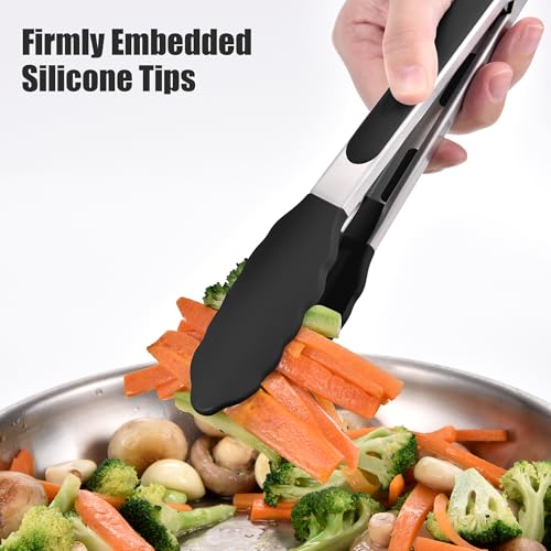 Kitchen Tongs with Silicone Tips for Cooking Serving (Set of 3 (7+9+12in) / Black)