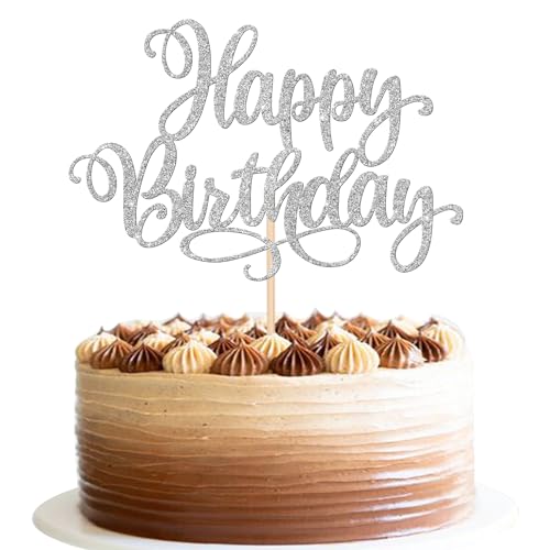 1 PCS Happy Birthday Cake Topper Glitter Happy Birthday Cake Pick for Celebrating Happy Birthday Anniversary Party Cake Decorations Supplies Silver