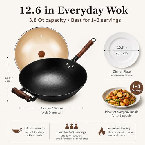 12.6 Inch Round Bottom Cast Iron Wok with Glass Lid (12.6 Inch Round Bottom)