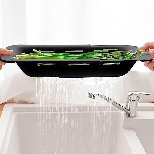 Collapsible Sink Colanders and Strainers Basket Extendable Plastic Fruit Vegetable Strainer Drainer Basket for Kitchen (J-Double Black)