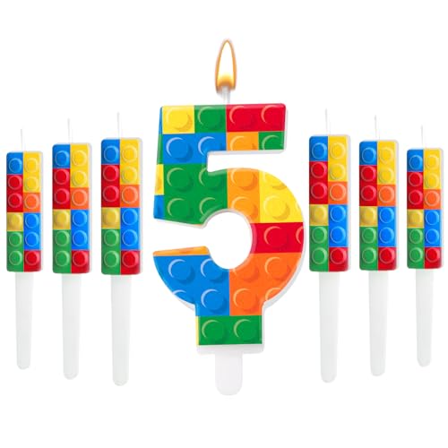 7 Pcs Building Block Themed Birthday Candles Set Building Blocks Number 5 Candle Cake Topper for Building Block Party Decoration Supplies (7 Count)