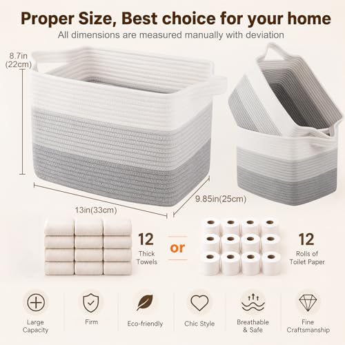 Cotton Rope Storage Baskets for Organizing Gradient Gray 3 (Gradient Gray / 3 pcs-13”x9.9”x8.7”)