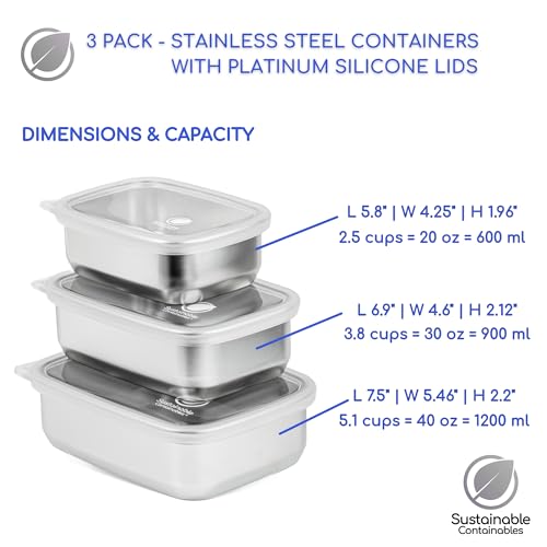 Stainless Steel Food Storage Containers with Clear Platinum Silicone Lids