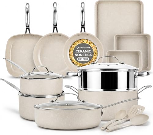 Ceraluxe 20Pc Pots and Pans Set Non Stick Ceramic Cookware Set (Cream)
