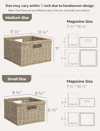 Wicker Storage Baskets for Shelves (Natural (Seagrass) / 11½"L x 11½"W x 7"H + 9¾"L x 9¾"W x 6½"H)