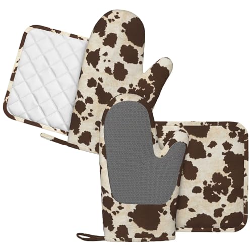 Brown Cowhide Oven Mitts and Pot Holders Sets Silicone Brown Cow Print Kitchen Mitts Cowhide Skin Pattern Potholders Heat Resistant 4Pcs Oven Gloves Hot Pads for Kitchen Baking Cooking (Brown Cow Print)