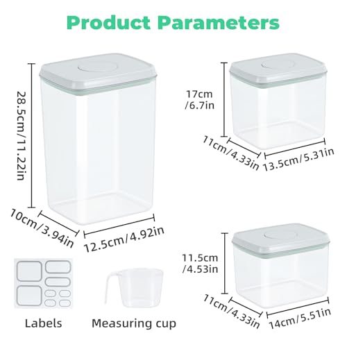 3 Pack Pasta Sugar Storage Containers with Pop (1.26+2.11+3.48Qt-Rectangle)