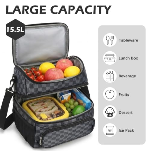 Double Layer Cooler Insulated Lunch Bag Adult Lunch Box Large Tote Bag for Men (PlaidBlack)