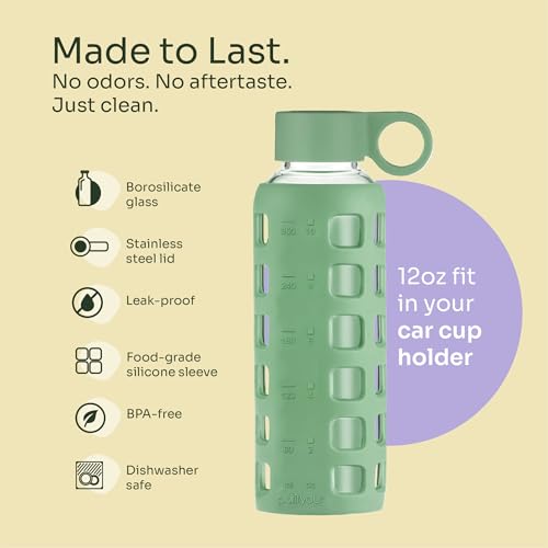 40oz / 32oz / 22oz / 12oz Borosilicate Glass Water Bottle with Time & Volume Markers, Silicone Sleeve, Stainless Steel Lid | Reusable Glass Bottle for Water & Juice (12oz Shale Green) (Shale Green (1 Count) / 12 Ounces)