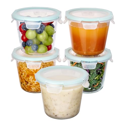 5 Pack 3 Cup Glass Soup Container Set with Airtight Lids (Green / 24oz-Round)