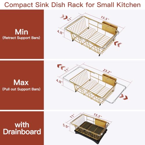 Gold Dish Drying Rack in Sink with Drainboard and Utensil Holder (Gold / For 12"-30"w Sink, with Drainboard)