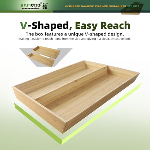 Large Long V Shaped Bamboo Drawer Organizer Set of 3 (Bamboo (V-Shaped 3 Piece Set) / 19.6" L x 25.9" W x 2.1" H)