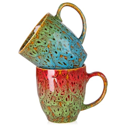16 oz Ceramic Coffee Mugs Set of 2 (Green & Blue, Red & Green)