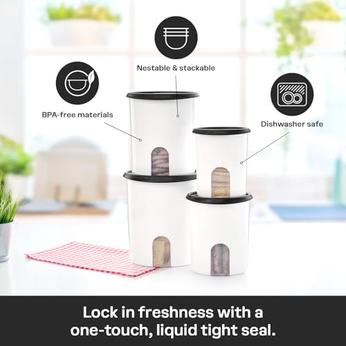 One Touch Reminder Canisters 4 Canister Food Storage Set in White & Black (4 Canister Set - One-Touch White/Black)