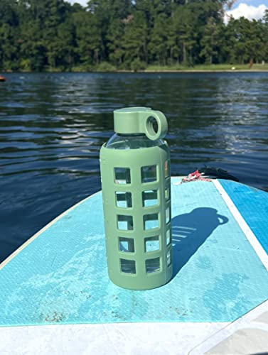 40oz / 32oz / 22oz / 12oz Borosilicate Glass Water Bottle with Time & Volume Markers, Silicone Sleeve, Stainless Steel Lid | Reusable Glass Bottle for Water & Juice (22oz Shale Green) (Shale Green (1 Count) / 22 Ounces)