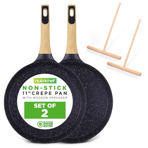 2-Pack Non-Stick Crepe Pan Set – 11” Marble Coated Dosa Pans with Wooden Spreaders, Bakelite and Wood Handles, Induction-Compatible, Easy-to-Clean, Stain-Resistant (Black Marble) (Black / 11" (2-Pack))