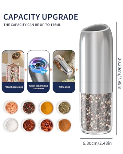 Gravity Electric Salt and Pepper Grinder Set Battery Powered Stainless Steel Pepper Mill Grinder with 176ml Container (Battery Operated - Silver)
