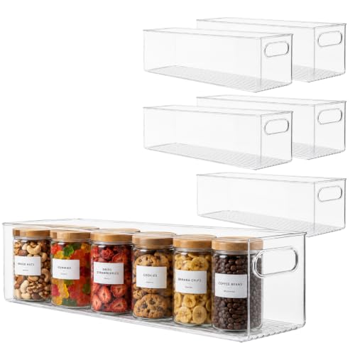 Plastic Food Storage 6 Pack Clear Container Bin with Handles for Organizing Kitchen (20x6x5)