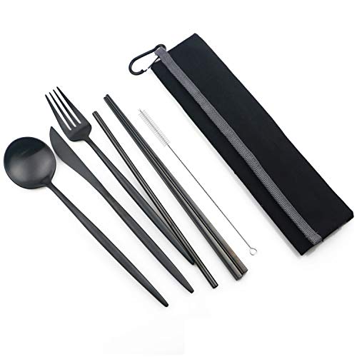 Portable 6 Pieces Flatware Set (Black Pouch / Black)