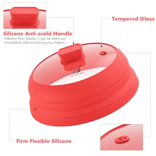 Microwave Splatter Cover Glass with Collapsible Silicone for Food Cover Plate Cover 10.8 inch with Anti (Red with Red Gloves / 10.8 inch)