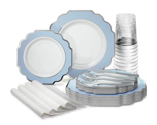 OCCASIONS Disposable Plastic Plates for 80 Guests (640 Piece (80 Guest) / D. Imperial Blue & Silver)
