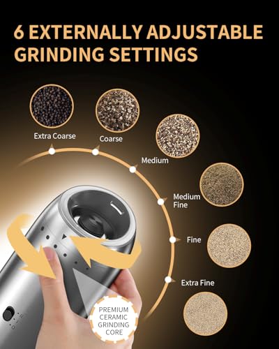 Gravity Electric Salt and Pepper Grinder Set with Rechargeable Base (Stainless Steel)