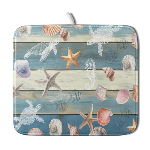 Coastal Starfish Dish Drying Mat Summer Sea Turtle Drainer Rack Mat Absorbent Microfiber Kitchen Countertop Protector Dishes Pad 16x18 inch (Starfish Turtle Wood / 16" x 18")