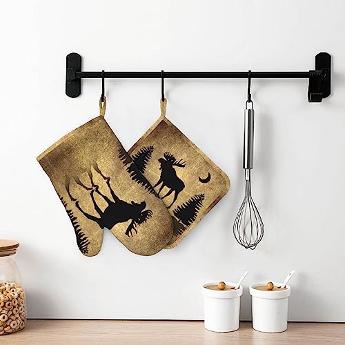 Rustic Elk Moose Deer Forest Pine Tree Moon Design Oven Mitts and Pot Holders Sets Silicone Moose Kitchen Mitts Potholders Heat Resistant 4Pcs Moose Oven Gloves Hot Pads for Kitchen (Vintage Moose)