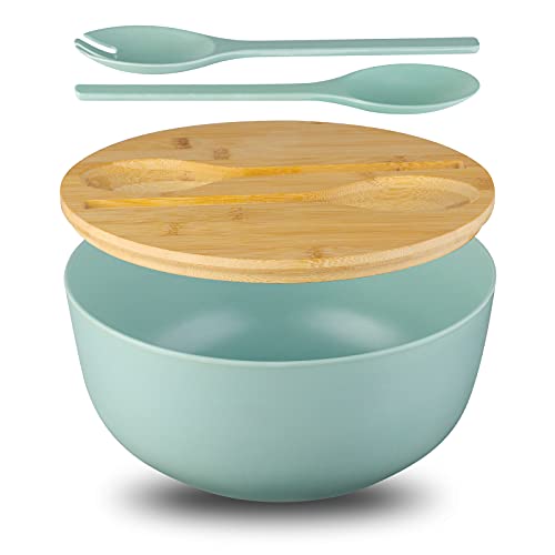 Bamboo Fiber 10 ″ Large Salad Serving Bowl Set with Wooden Lid & Servers (9.84 inch / Turquoise)
