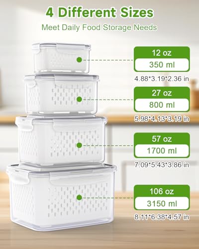 4 Pack Fruit Storage Containers for Fridge Fresh Berry Keeper with Colander (4 Pack-S Produce Savers)