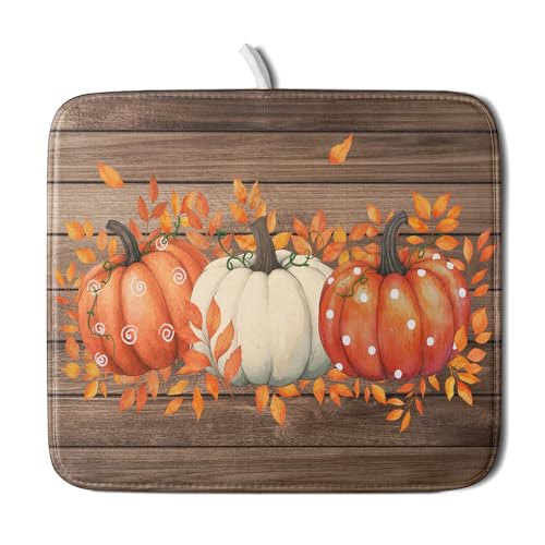 Autumn Pumpkin Dish Drying Mat Rustic Wood Dish Drainer Mats Fast Dry Microfiber Reversible Dish Drying Pad Kitchen Decoration 16x18 inch (Pumpkin Wood / 16 x 18 inch)