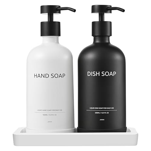 Glass Kitchen Soap Dispenser Set with Ceramic Tray (White Bottles+black Bottles)