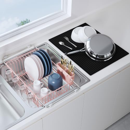 Pink Dish Drying Rack in Sink with Mat (Pink / For 12"-30"w Sink, with Mat)