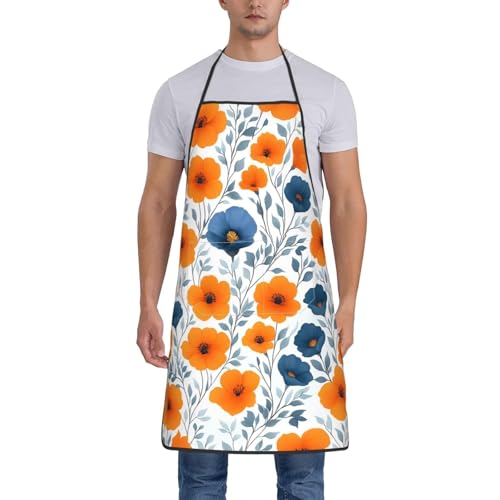 Burnt Orange and Blue Floral Waterproof Kitchen Aprons Polyester Chef Bib Apron with Pockets for Women Men