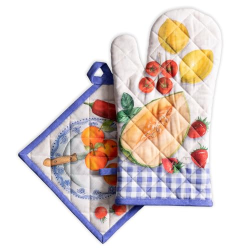 100% Cotton Oven Mitt & Pot Holder Set (078 - Gourmand / 7.5" x 13" & 8" x 8" (Oven Mitt & Pot Holder))