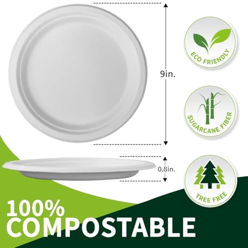 9 Inch Compostable Paper Plates 【White150 Pack】 (White / 9inch)