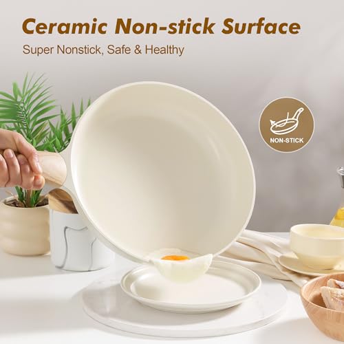 11inch Ceramic Nonstick Frying Pan Paella Pan with Lid (11 Inch / CREAM White)