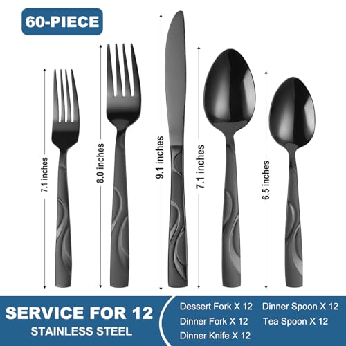 60 Piece Black Flatware Set for 12 (Black / 60-Piece)