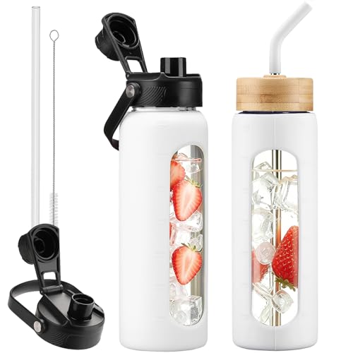 24 oz Glass Water Bottle with Straw and 2 Lids (White / 24 Ounces)