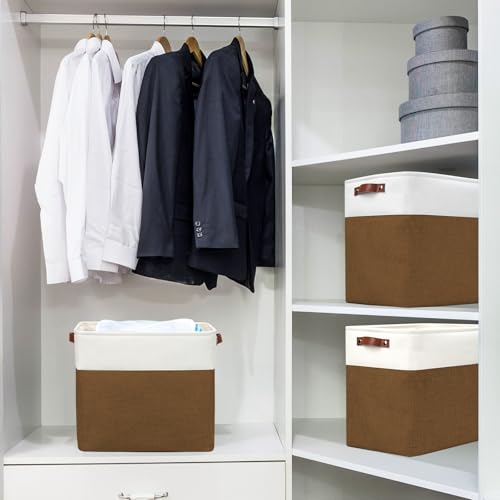 Large Fabric Storage Baskets (Brown / Off-White / Extra Large -17"x12"x15")