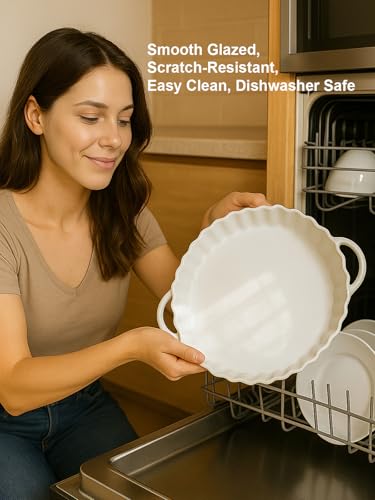 9×2in Deep Ceramic Pie Pan with Handles for Pie Quiche Tart Baking. Easy to grip (White / 9IN*2IN)