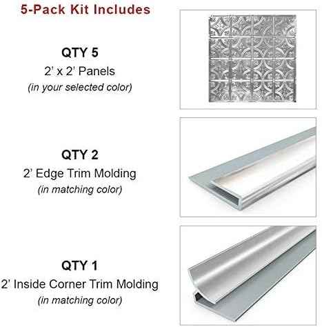 American Tin Ceilings Tin Backsplash [5-Pack with Trim Kit] in Pattern #3 and Bright White Satin Color 24" x 24" (20 Sq Ft) for Kitchens | Genuine Tin | Made in The USA | Model: kit5-b-p03-wbs