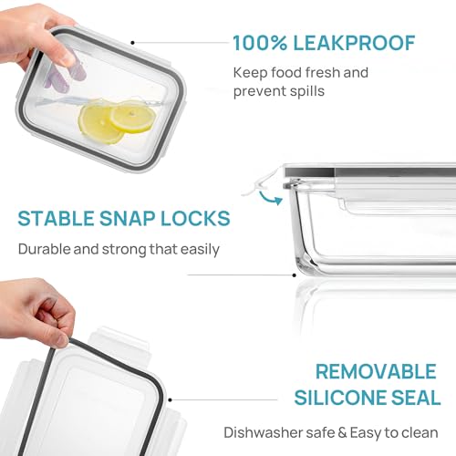 5Pack 30oz Glass Meal Prep Container Sets with Lids (Grey / 30oz)