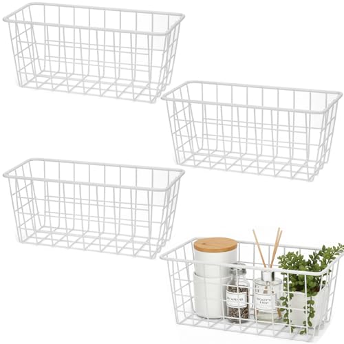 Hanging Kitchen Baskets For Storage Adhesive Sturdy Small Wire Storage Baskets No Drilling Wall Mounted Kitchen Food Pantry Bathroom Shelf Storage (4 Count)